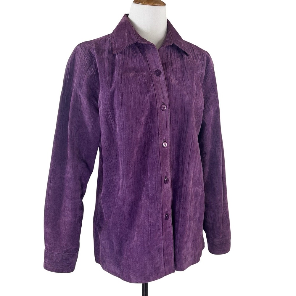 Coldwater Creek Purple Suede Leather Shirt Style Button Jacket Side Vent Women L